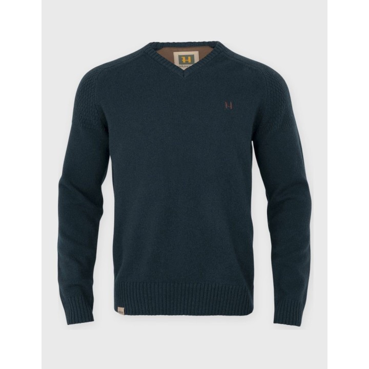 Pull Harkila Vincent Merino à col en V, bleu marine foncé, 100 % laine